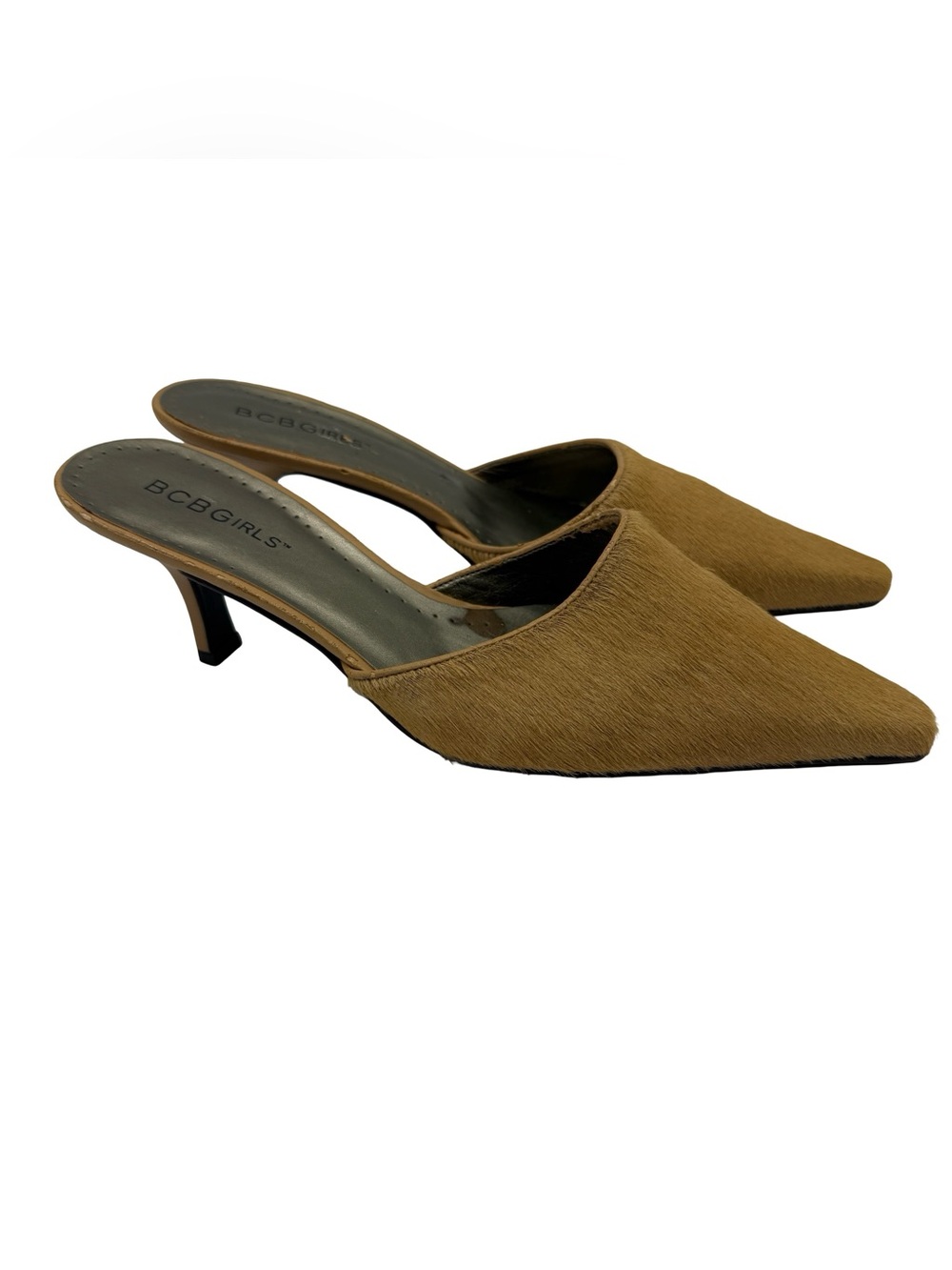 BCBGirls Tan Calf Hair Point Toe Kitten Heel Mules Vintage Size 6
